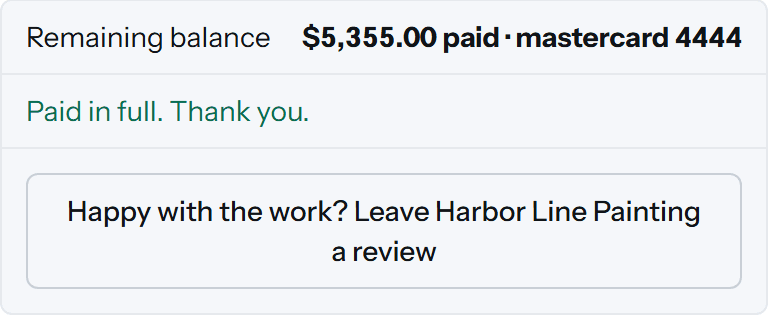 A remaining balance box reading paid, mastercard 4444, paid in full, thank you.