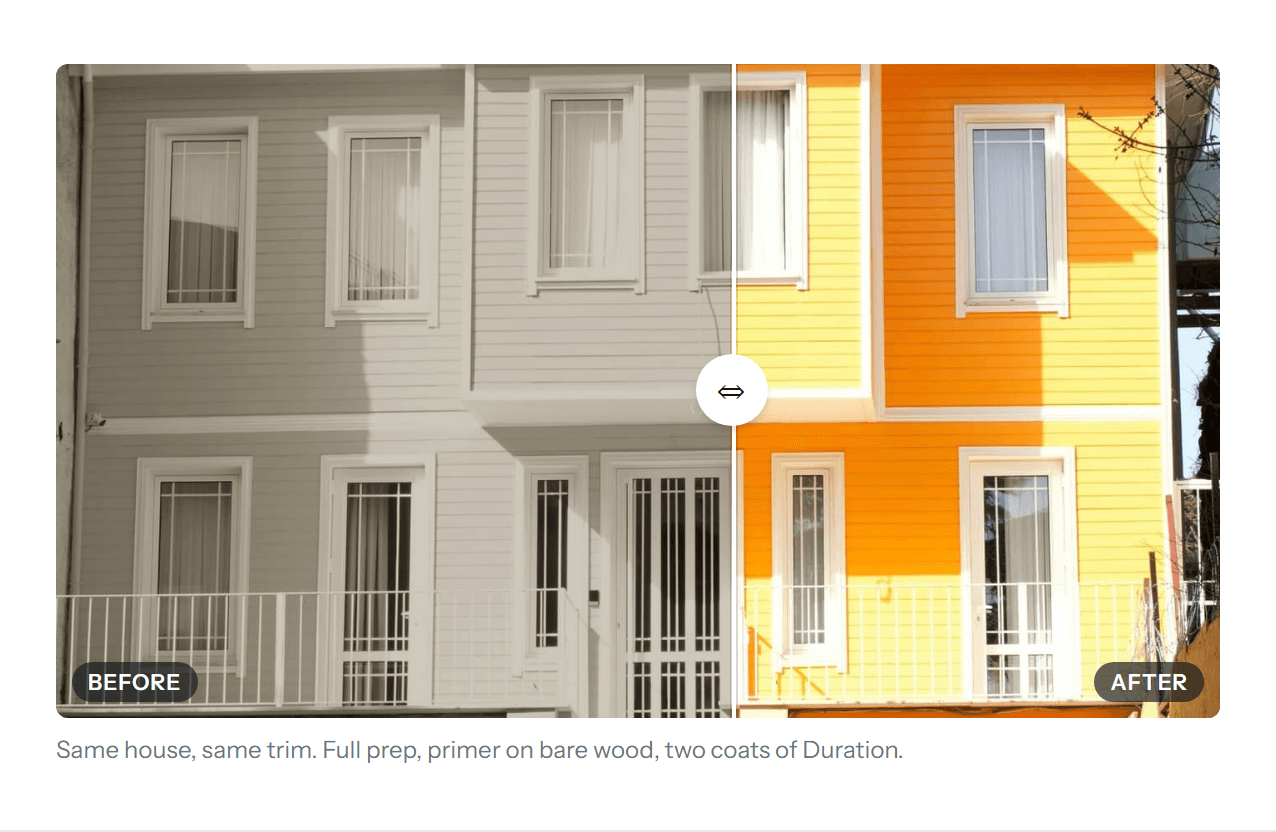 A before and after slider on a house exterior, weathered on the left and freshly painted on the right, with the handle just past the middle.