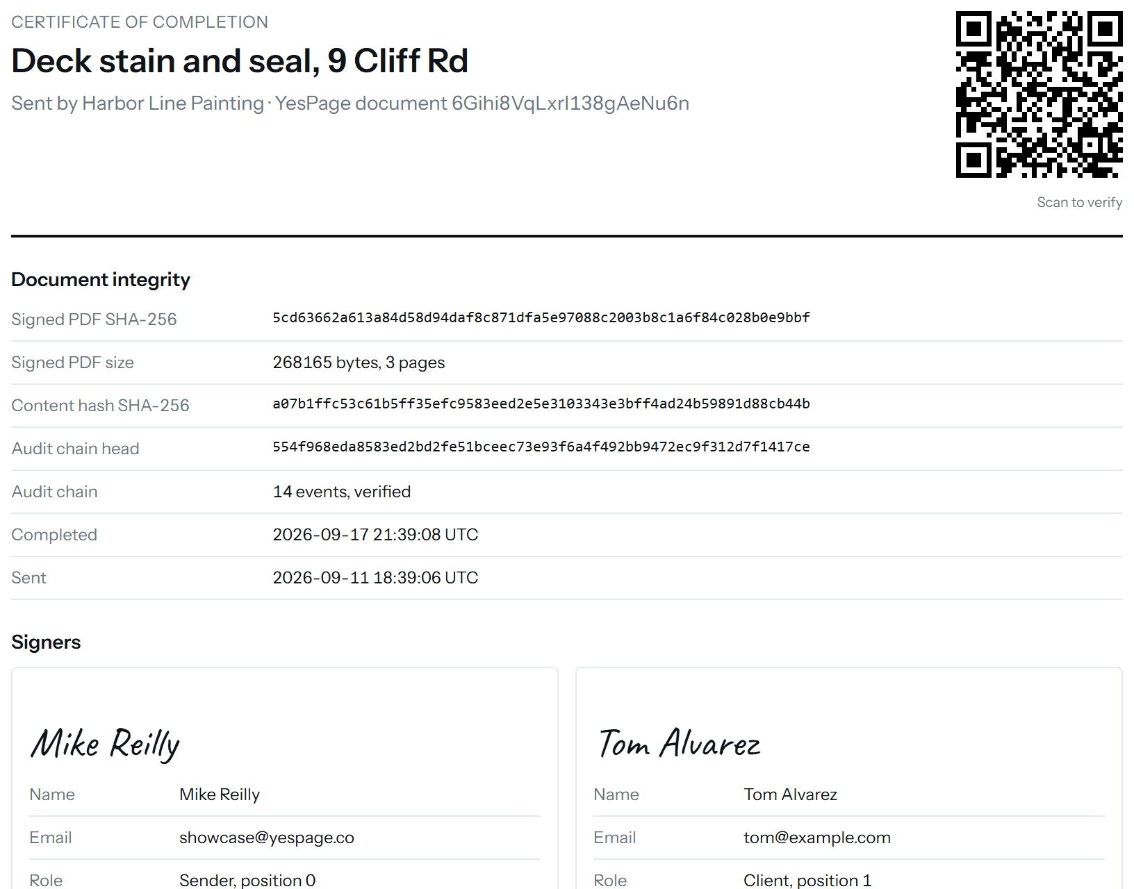 A certificate of completion with a QR code, the signed PDF hash, the content hash, the audit chain head, and two signatures.