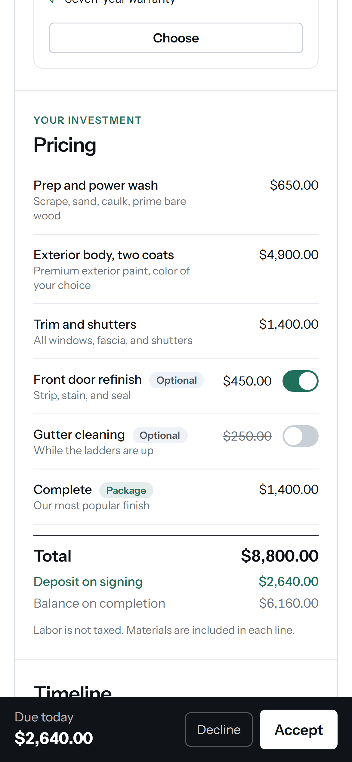 The pricing table on a phone with the deposit due today in the accept bar.