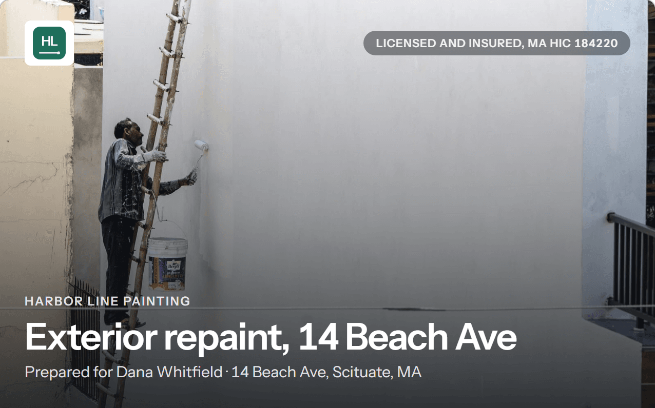 The top of a client proposal: a cover photo of a painter on a ladder, the company logo, the trust line, and the title over a dark gradient.