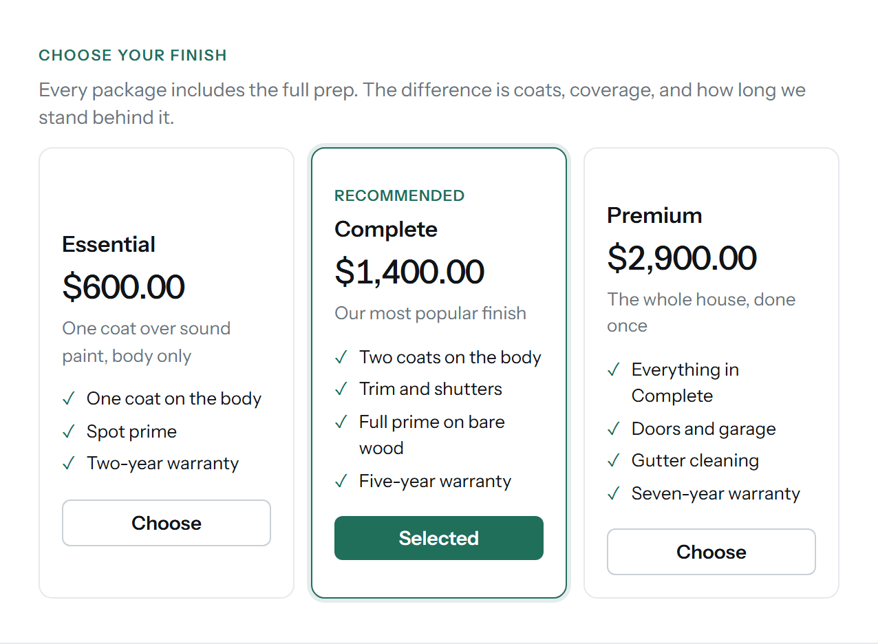 Three package cards, Essential, Complete, and Premium, with the recommended Complete card selected in green.
