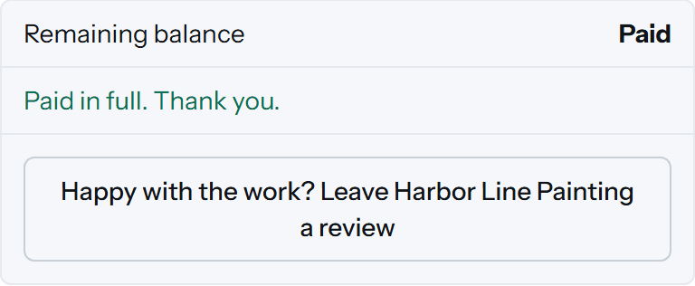 A paid-in-full box on the client page with a button reading Happy with the work? Leave Harbor Line Painting a review.