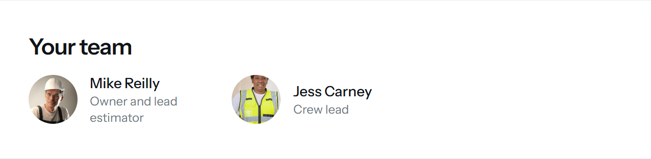 A team block showing two people with photos: Mike Reilly, owner and lead estimator, and Jess Carney, crew lead.