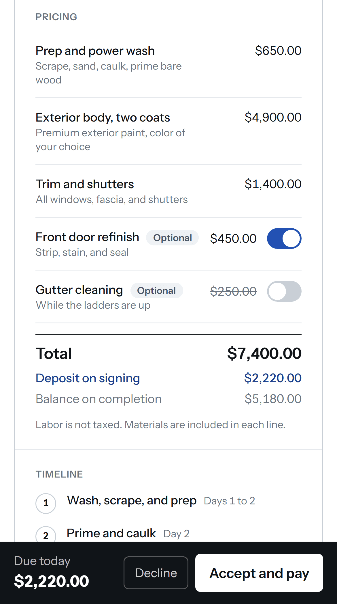 The pricing table on a phone: two optional items with switches, the total, the deposit on signing, and the Accept and pay bar.