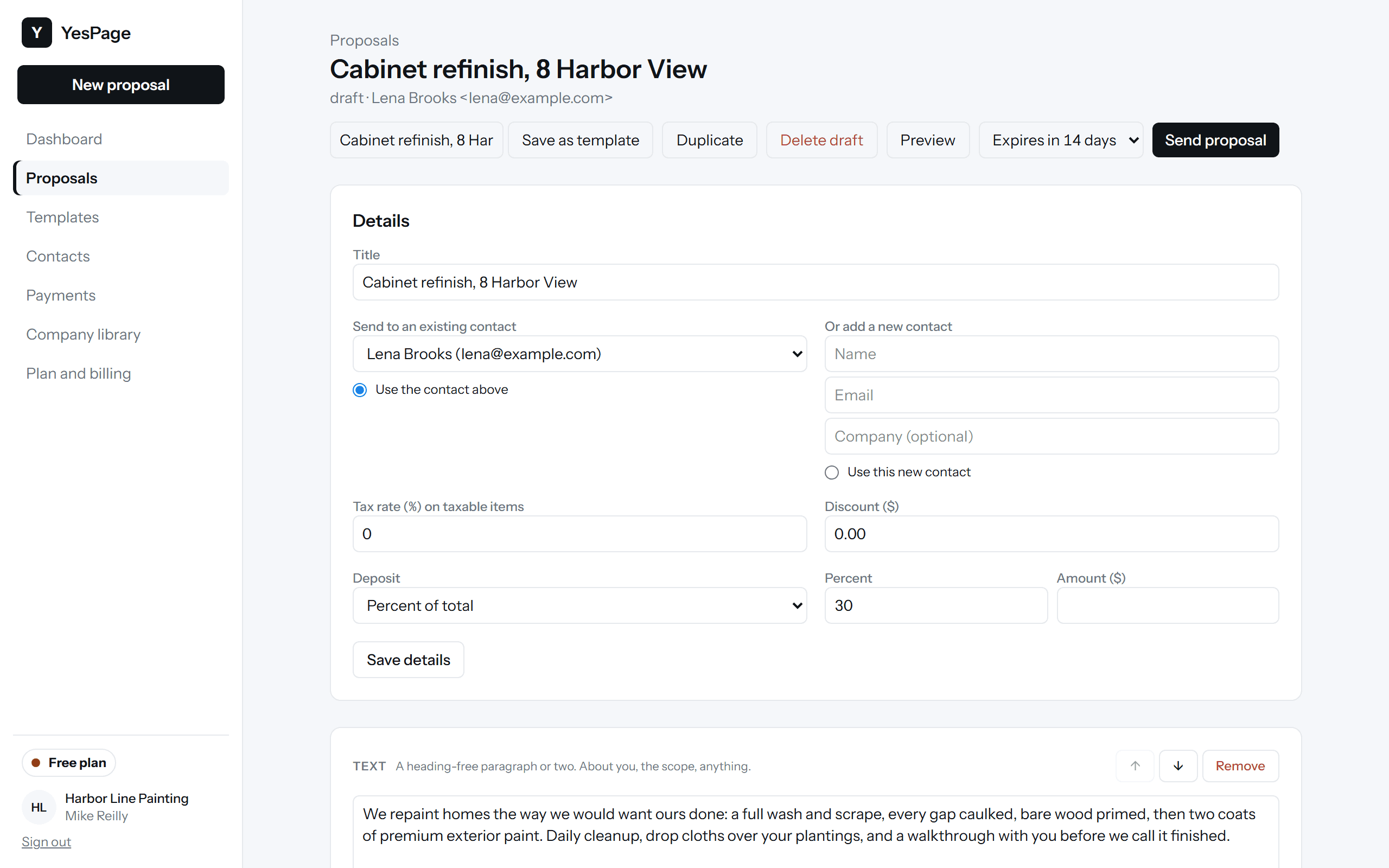 The proposal editor: title, contact, tax, discount, and deposit settings above the block list.